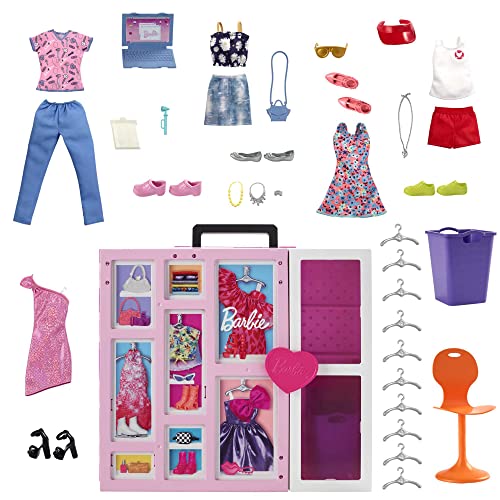 Barbie Fashionista Armario de ensueño 2.0 Maletín para gardar ropa de muñeca con +30 accesorios de moda, muñeca no incluida, juguete +3 años (Mattel HBV28)