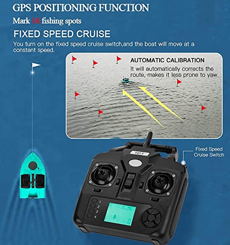 Barco Cebador Carpfishing Inteligente con Sonda, Barco de Cebo de Pesca GPS Crucero Automático de 500 m, 3 Tolvas de Catapulta, Buscador de Peces Portátil con Pantalla LCD, Profundidad: 0,6-36 m