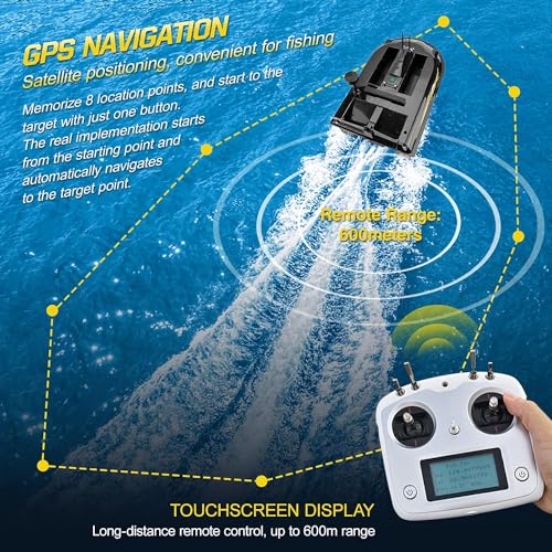 Barco De Cebo De Pesca GPS RC, Herramienta De Cebo De Pesca Inteligente con Control Remoto Y Buscador De Peces, Carga Máxima 8 Kg, Batería De 30 Ah, 4 Contenedores De Cebo, Alcance De 600 Metros