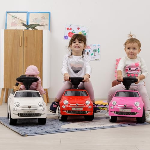 Baroni Toys Fiat 500 Coche de Paseo para Niños de 12 a 36 Meses, Volante con Claxon y Sonidos, Compartimento Portaobjetos y Respaldo, Coche Infantil para Aprender a Andar, Rosa, 28x60x23 cm