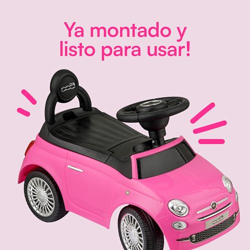 Baroni Toys Fiat 500 Coche de Paseo para Niños de 12 a 36 Meses, Volante con Claxon y Sonidos, Compartimento Portaobjetos y Respaldo, Coche Infantil para Aprender a Andar, Rosa, 28x60x23 cm