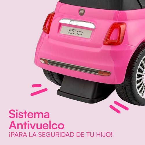 Baroni Toys Fiat 500 Coche de Paseo para Niños de 12 a 36 Meses, Volante con Claxon y Sonidos, Compartimento Portaobjetos y Respaldo, Coche Infantil para Aprender a Andar, Rosa, 28x60x23 cm