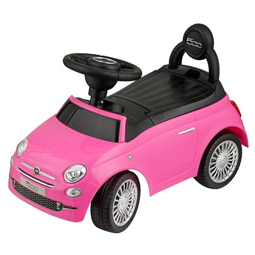 Baroni Toys Fiat 500 Coche de Paseo para Niños de 12 a 36 Meses, Volante con Claxon y Sonidos, Compartimento Portaobjetos y Respaldo, Coche Infantil para Aprender a Andar, Rosa, 28x60x23 cm