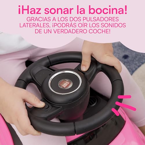 Baroni Toys Fiat 500 Coche de Paseo para Niños de 12 a 36 Meses, Volante con Claxon y Sonidos, Compartimento Portaobjetos y Respaldo, Coche Infantil para Aprender a Andar, Rosa, 28x60x23 cm