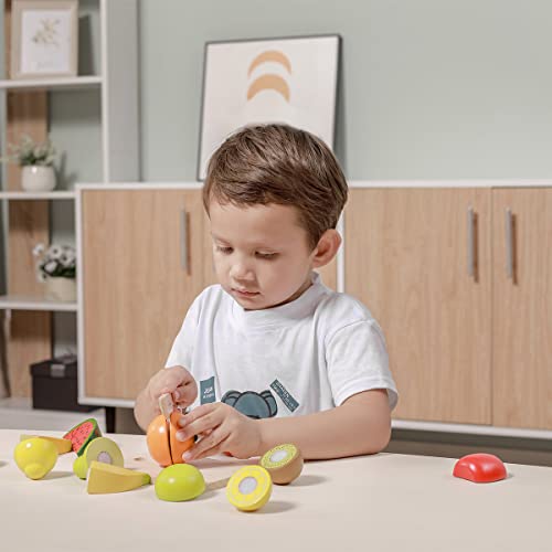 Beeloom - Tabla Frutas Alimentos Madera Natural, Fruit Table, Juguete simbólico para Cortar, Set Juego imaginativo Infantil, Surtido Piezas niños hortalizas