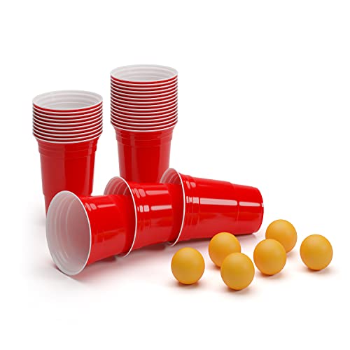 BeerCup-Classics 100 Vasos Rojos para Jugar al Beer Pong para Fiestas de 473 ml con6 Bolas de Beer Pong y Las Instrucciones de Juego