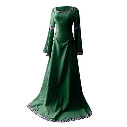 Beokeuioe Vestido maxi retro para mujer, vestido medieval, hasta el suelo, cintura atada, renacimiento, cosplay, vestido de fiesta del siglo 17, festivo, Halloween, carnaval, verde, S