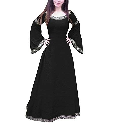 Beokeuioe Vestido medieval para mujer, largo hasta el suelo, cintura atada, maxivestido, retro, renacentista, cosplay, vestido de fiesta del siglo 17, festivo, Halloween, carnaval, disfraz, Negro ,