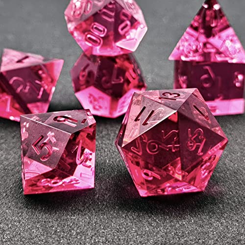 Bescon Crystal Clear (Unpainted) Sharp Edge DND Dice Set of 7, Razor Edged Polyhedral D&D Dice Set for Dungeons and Dragons Role Playing Games, Fuchsia Color