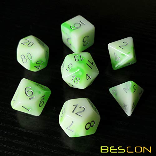 Bescon Glowing Polyhedral RPG Dice Set Luminous Jade, Bescon Glow in Dark Poly Dice Set of 7, DND Role Playing Game Dice