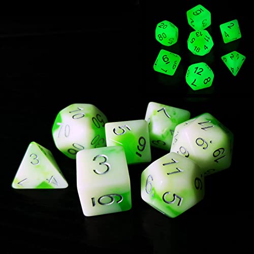 Bescon Glowing Polyhedral RPG Dice Set Luminous Jade, Bescon Glow in Dark Poly Dice Set of 7, DND Role Playing Game Dice