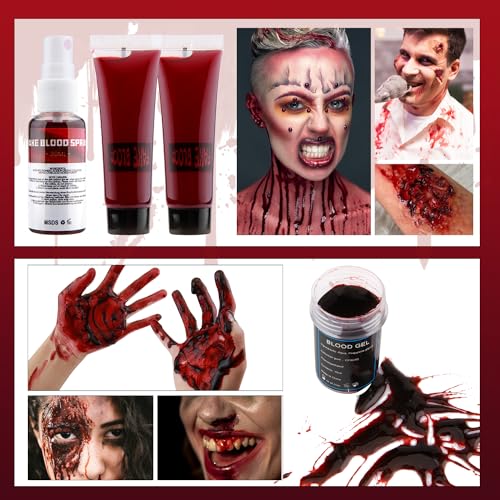 Beteligir Demonic Special Effects SFX Halloween Makeup Kit Scar Wax Kit (Scar Wax with Spatula Tool + Fake Blood Splatter Spray + Fake Blood Gel + Fake Blood + Fake Blood (01)