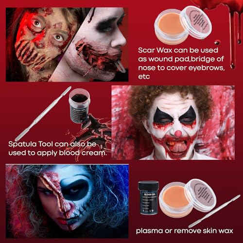 Beteligir Demonic Special Effects SFX Halloween Makeup Kit Scar Wax Kit (Scar Wax with Spatula Tool + Fake Blood Splatter Spray + Fake Blood Gel + Fake Blood + Fake Blood (01)