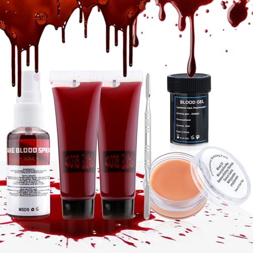 Beteligir Demonic Special Effects SFX Halloween Makeup Kit Scar Wax Kit (Scar Wax with Spatula Tool + Fake Blood Splatter Spray + Fake Blood Gel + Fake Blood + Fake Blood (01)