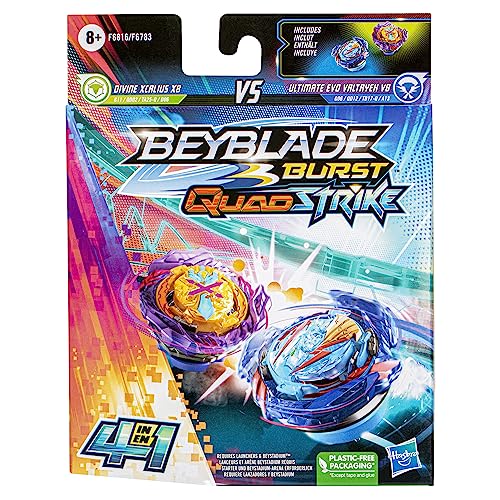 Beyblade Burst QuadStrike Dual Pack de 2 peonzas de competición Ultimate EVO Valtryek V8 y Divine Xcalius X8