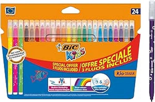 BIC Kids - Kid Couleur Rotuladores Punta Media, 24 Count (Pack of 1), Pack especial, Colores Surtidos