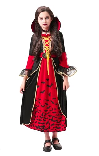 BIGLUFU Disfraz Vampiro Niña, Disfraz Vampiresa Niña con Collar Disfraz de Reina Vampiresa Traje de lujo Halloween Vampiro Victoriano Gótico para Halloween Carnaval,Cosplay