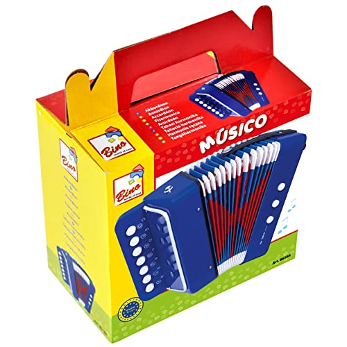 Bino World of Toys Acordeón, Juguete para niños a Partir de 3 años, Juguete para niños (Instrumento Musical para niños con 10 Teclas pequeñas, Instrumento de Teclado de Colores), Azul