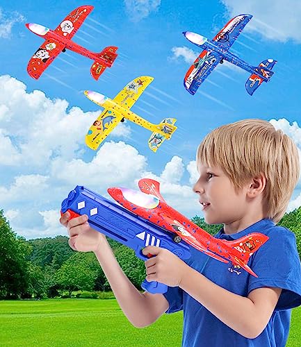 Birshe Avion Planeador 4pcs Juguetes Avión Volador Niños Avion Juguete Niños Planos de Espuma con Pistola Lanzador Deportes Al Aire Libre Volar Juguete para Niños Niñas 3 4 5 6 7 8 9 10 Años