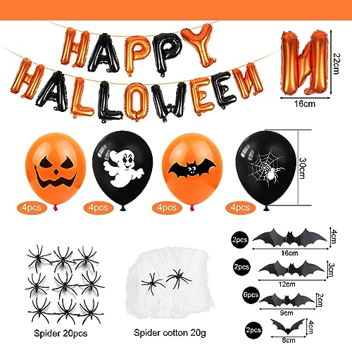 Bluelves Halloween Decoración Set, XXL Happy Halloween Globos de Aluminio, Globos Fantasma Calabaza Negro Naranja, Murciélago Araña Accesorios, Decoraciones para Fiestas temáticas de Halloween