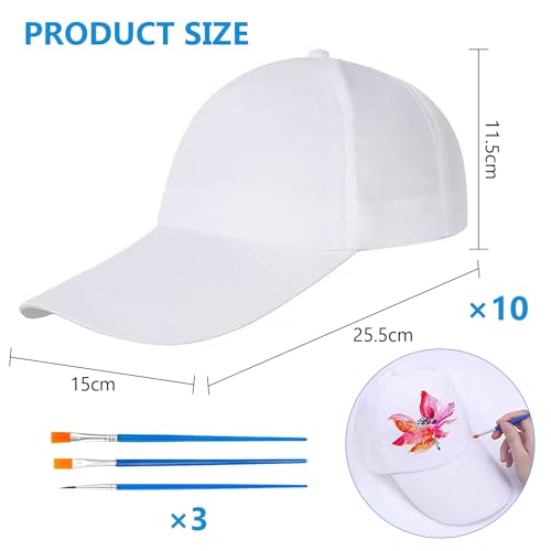 Bocguy 10 gorras de graffiti para manualidades, pintura de béisbol, gorras de béisbol, gorras de béisbol, gorras blancas para niños para pintar con 9 lápices de dibujo, gorras de béisbol para ideas de