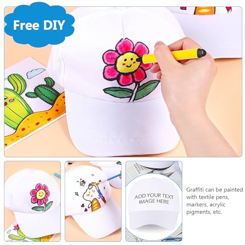 Bocguy 10 gorras de graffiti para manualidades, pintura de béisbol, gorras de béisbol, gorras de béisbol, gorras blancas para niños para pintar con 9 lápices de dibujo, gorras de béisbol para ideas de