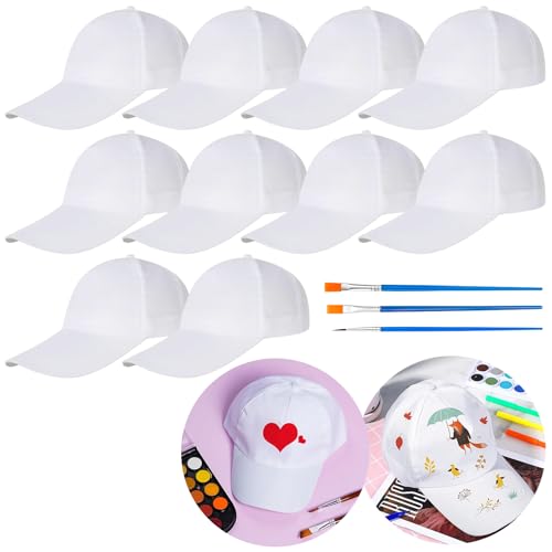 Bocguy 10 gorras de graffiti para manualidades, pintura de béisbol, gorras de béisbol, gorras de béisbol, gorras blancas para niños para pintar con 9 lápices de dibujo, gorras de béisbol para ideas de