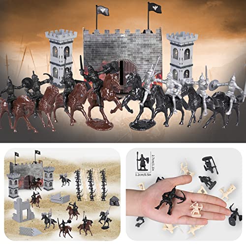 Boderam Juguetes de Caballeros del Castillo Medieval,254PCS Figuras de Guerreros Soldado Antiguo,Figuras de acción,Juego de Base Militar de plástico,Juguete con Torre Flecha caballería