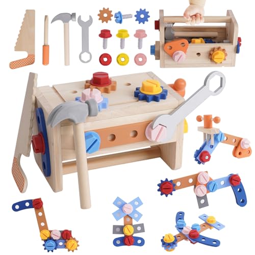 Caja de Herramientas para niños Juguetes de Madera, 38 Piezas Montessori Herramientas de Madera de Colores de 2 3 4 años, Manos en la Mesa de Herramientas, Juego de rol Educativo Juguetes de Madera