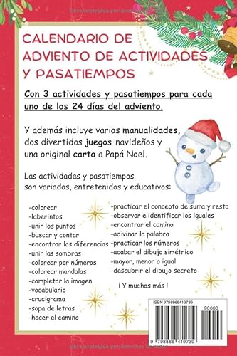 Calendario de Adviento. Actividades y pasatiempos para los 24 días de Adviento de Navidad. Incluye también manualidades y juegos: Un libro para ... y educativos. 3 diferentes cada día.