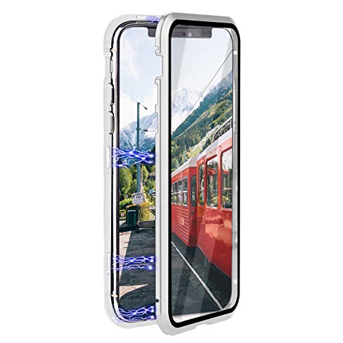 Caler Funda absorción magnética Compatible para iPhone 11 2019 360 Grados Delantera y Trasera de Transparente Vidrio Templado Marco de Metal Protección Flip Case Cover de Peso Ligero(Plata)