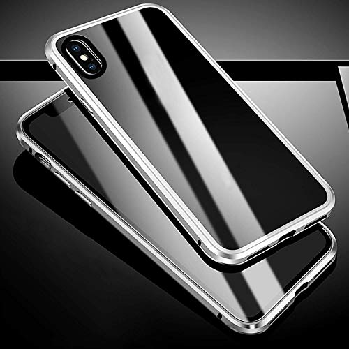 Caler Funda absorción magnética Compatible para iPhone 11 2019 360 Grados Delantera y Trasera de Transparente Vidrio Templado Marco de Metal Protección Flip Case Cover de Peso Ligero(Plata)