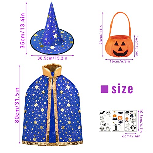 Capa De Bruja para Niños, capa de bruja con sombrero de mago, bolsa de calabaza de caramelo y 3 hojas de pegatinas de tatuaje de Halloween, disfraz de fiesta de cosplay (Azul)