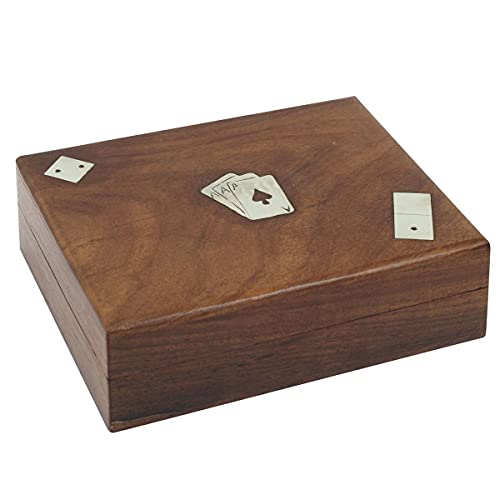 CAPRILO. Caja Decorativa de Madera con Juego de Cartas, Dominó y Dados Baraja Poker. Cajas Multiusos. Joyeros. Regalos Originales. Decoración Hogar. 17 x 13,50 x 5 cm