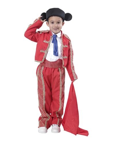 Carnavalife Disfraz Torero para Niño Infantil 1-12 años con Montera Camisa, Corbata + Pantalón + Muleta Roja para Torear (1-3 año)