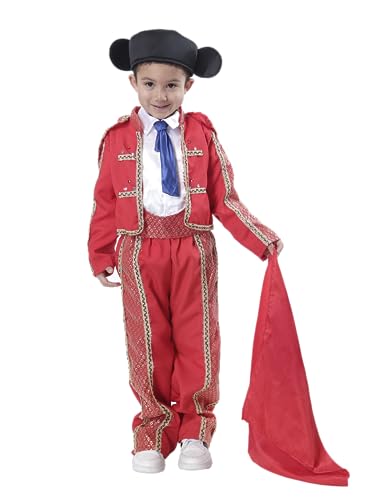 Carnavalife Disfraz Torero para Niño Infantil 1-12 años con Montera Camisa, Corbata + Pantalón + Muleta Roja para Torear (1-3 año)