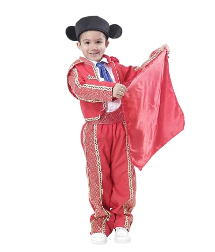 Carnavalife Disfraz Torero para Niño Infantil 1-12 años con Montera Camisa, Corbata + Pantalón + Muleta Roja para Torear (1-3 año)