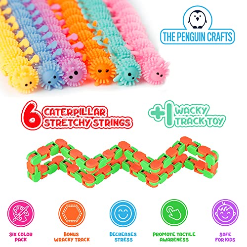 Caterpillar - Juego de 6 cuerdas elásticas para aliviar el estrés con 48 enlaces, cuerdas sensoriales para apretar y aliviar el estrés, cuerdas coloridas con textura de oruga para un mejor enfoque