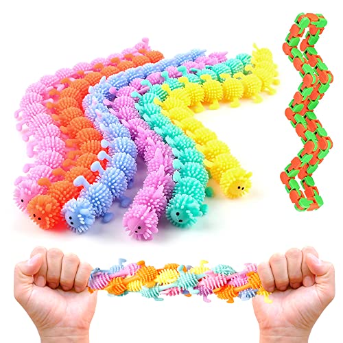 Caterpillar - Juego de 6 cuerdas elásticas para aliviar el estrés con 48 enlaces, cuerdas sensoriales para apretar y aliviar el estrés, cuerdas coloridas con textura de oruga para un mejor enfoque