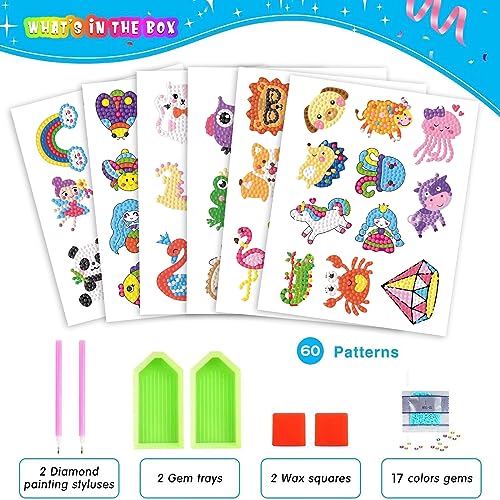 CAYUDEN Pegatinas Pintura Diamantes, 60pcs 5D Diamond Painting Stickers DIY Diamante Pintura Pegatinas Niños Diamante Stickers Niños Niñas Animales Diamante Pintura Kit de Pegatinas para Niños 6 8 12