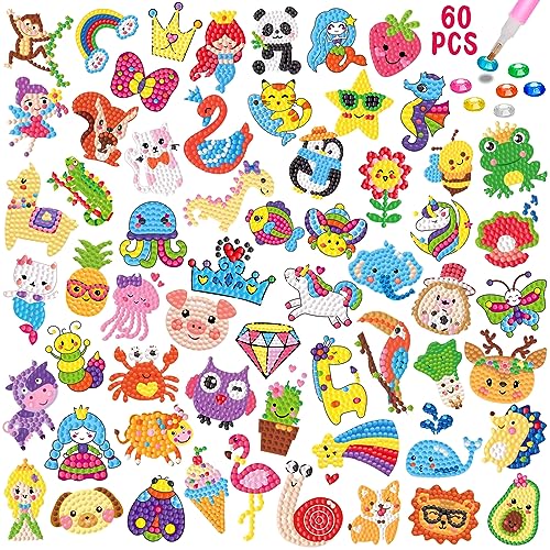 CAYUDEN Pegatinas Pintura Diamantes, 60pcs 5D Diamond Painting Stickers DIY Diamante Pintura Pegatinas Niños Diamante Stickers Niños Niñas Animales Diamante Pintura Kit de Pegatinas para Niños 6 8 12