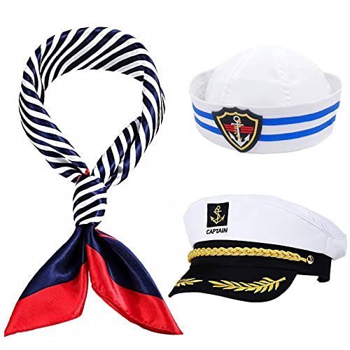 Ceboic Capitán Sombrero, Juego de Marinero Sombrero y Bufanda, Yate Barco Marinero Gorra, Accesorios de Disfraz Fiesta Cosplay para Adultos Teens Hombres Mujeres