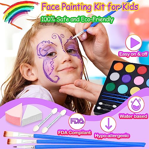 Chennyfun Set de Pintura Cara Infantil, Pintura Facial 16 Colores, Mayor Capacidad Blanco y Negro, con 1 Folleto Tutorial Pintado y 3 Pinceles, 3 Brillos para Halloween/Navidad/Cosplay de Maquillaje