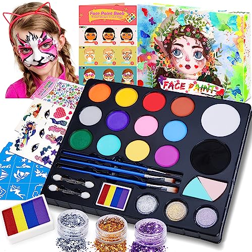 Chennyfun Set de Pintura Cara Infantil, Pintura Facial 16 Colores, Mayor Capacidad Blanco y Negro, con 1 Folleto Tutorial Pintado y 3 Pinceles, 3 Brillos para Halloween/Navidad/Cosplay de Maquillaje