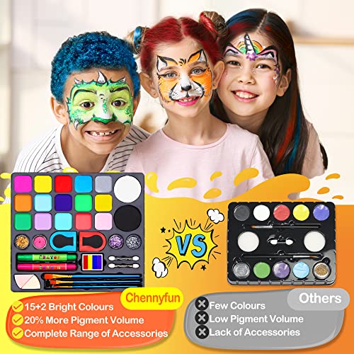 Chennyfun Set de Pintura Cara Infantil, Pintura Facial 17 Colores, Mayor Capacidad Blanco y Negro, con 1 Folleto Tutorial Pintado y 4 Pinceles, 2 Brillos para Halloween/Navidad/Cosplay de Maquillaje