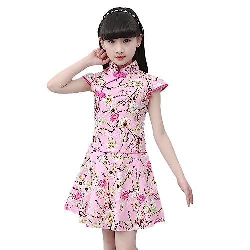 Cheongsam para Niños/Manga Voladora Cuello Alto Estampado Delgado/Verano Estilo Chino Cheongsam Traje Tang Cheongsam para Niños Ropa Tradicional China Ropa De Bebé Cheongsam,Rosado,120Cm