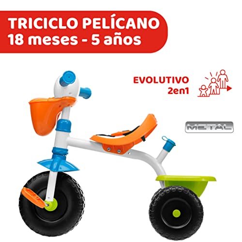 Chicco Triciclo Pelícano 2en1, Triciclo para Niños con Mango de Altura Ajustable, Cinturón y Compartimentos de Almacenaje, Juguetes para Niños de 18 Meses a 5 Años, Máx. 20 Kg, Multicolor