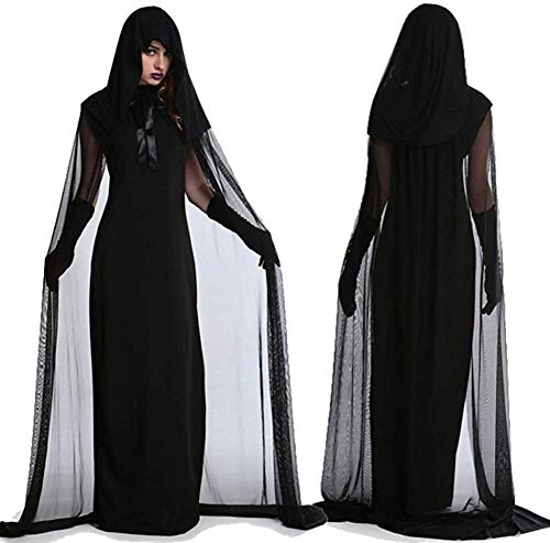 chuangminghangqi Disfraz de novia fantasma negra, disfraz de Halloween para mujer, disfraz de reina malvada para carnaval, disfraz de adulto de bruja, vestido largo con capucha (negro, XXL)