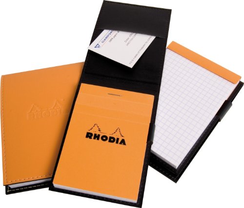 Clairefontaine ES RHODIA 118118C - Étui Porte-Bloc+ Bloc-Notes Agrafé N°11 Orange - A7 - Petits Carreaux - 80 Feuilles Détachables - Papier Clairefontaine Blanc 80 g/m² - Porte-Crayon - Simili Cuir