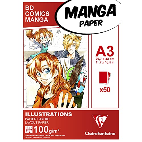 Clairefontaine - Ref 94043C - Papel Manga Layout para colorear (50 hojas) - Tamaño A3 (420 x 297 mm), papel de 100 g/m², blanco y liso, ideal para marcadores, a prueba de sangrado